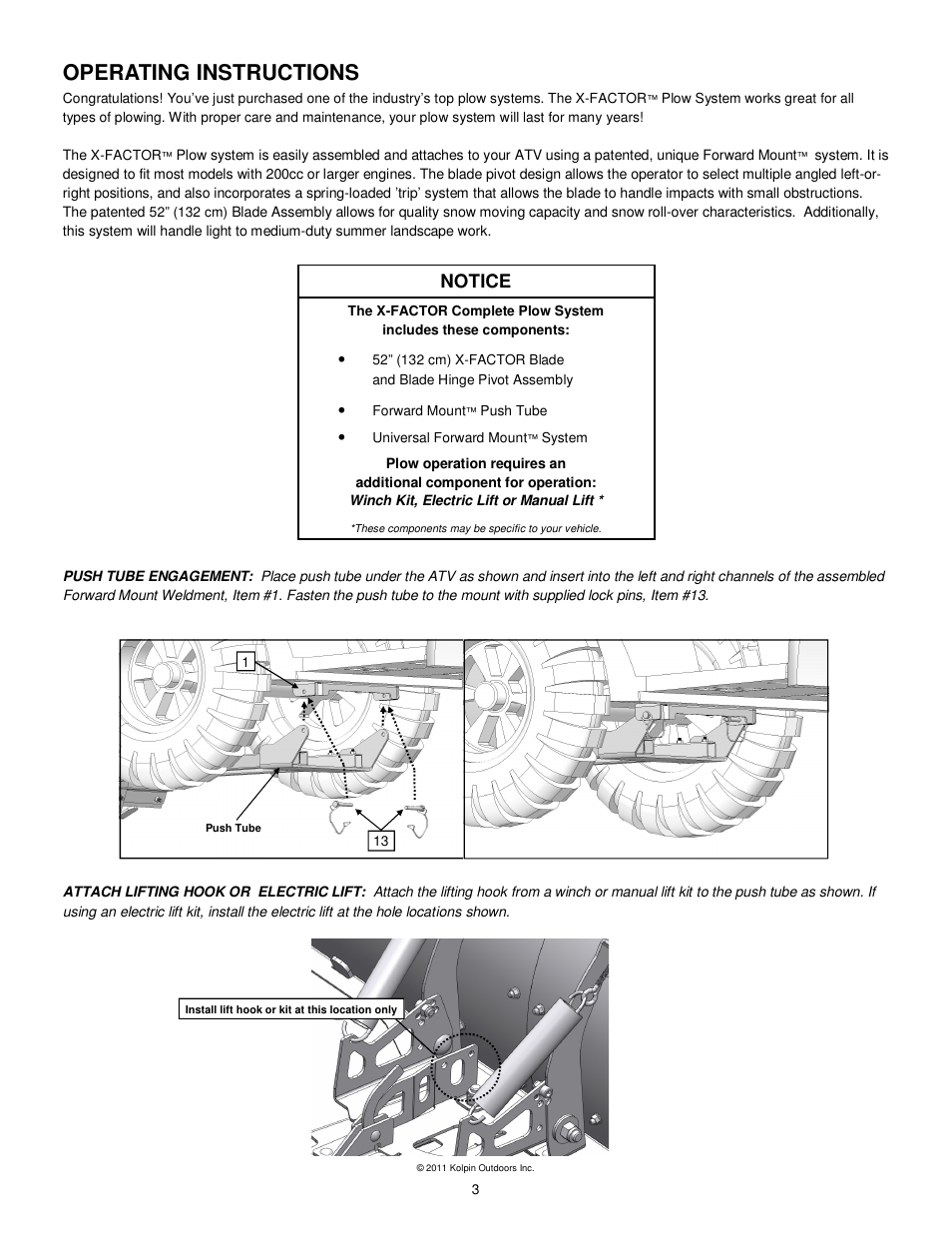 Operating instructions, Notice | Kolpin 10-0520 X-Factor Plow User Manual | Page 3 / 21