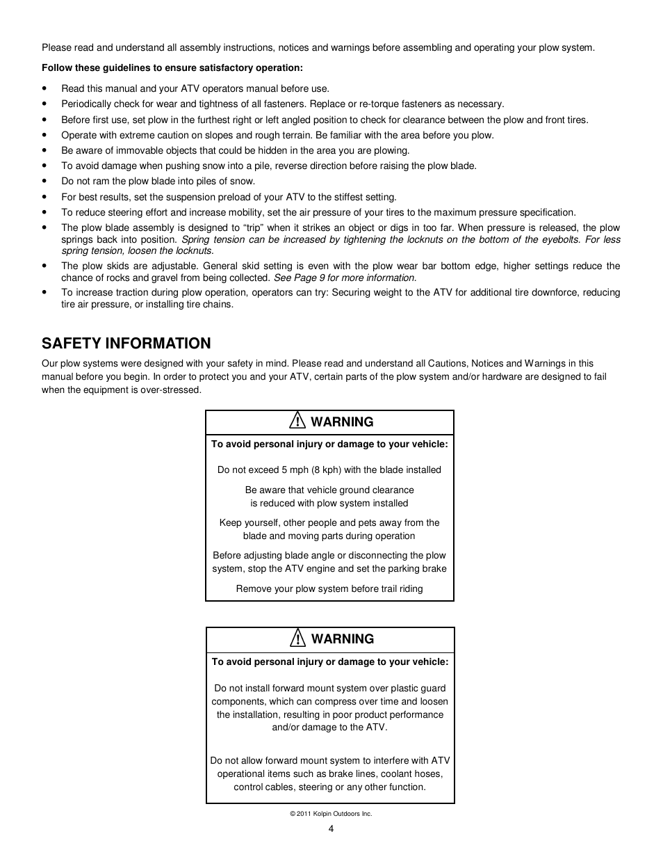 Safety information, Warning | Kolpin 10-0520 X-Factor Plow User Manual | Page 4 / 21