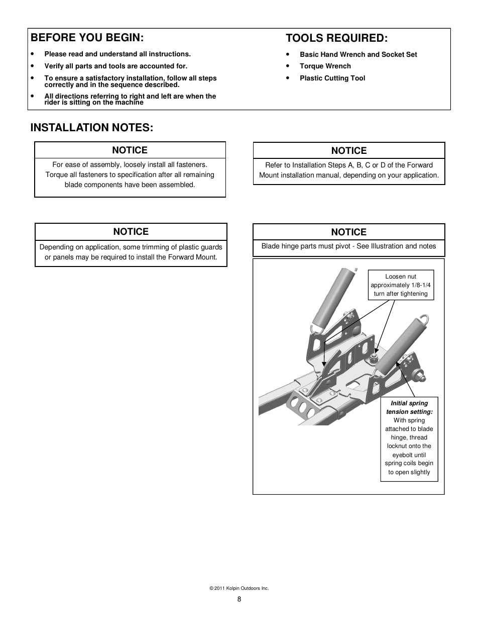 Before you begin, Notice | Kolpin 10-0520 X-Factor Plow User Manual | Page 8 / 21