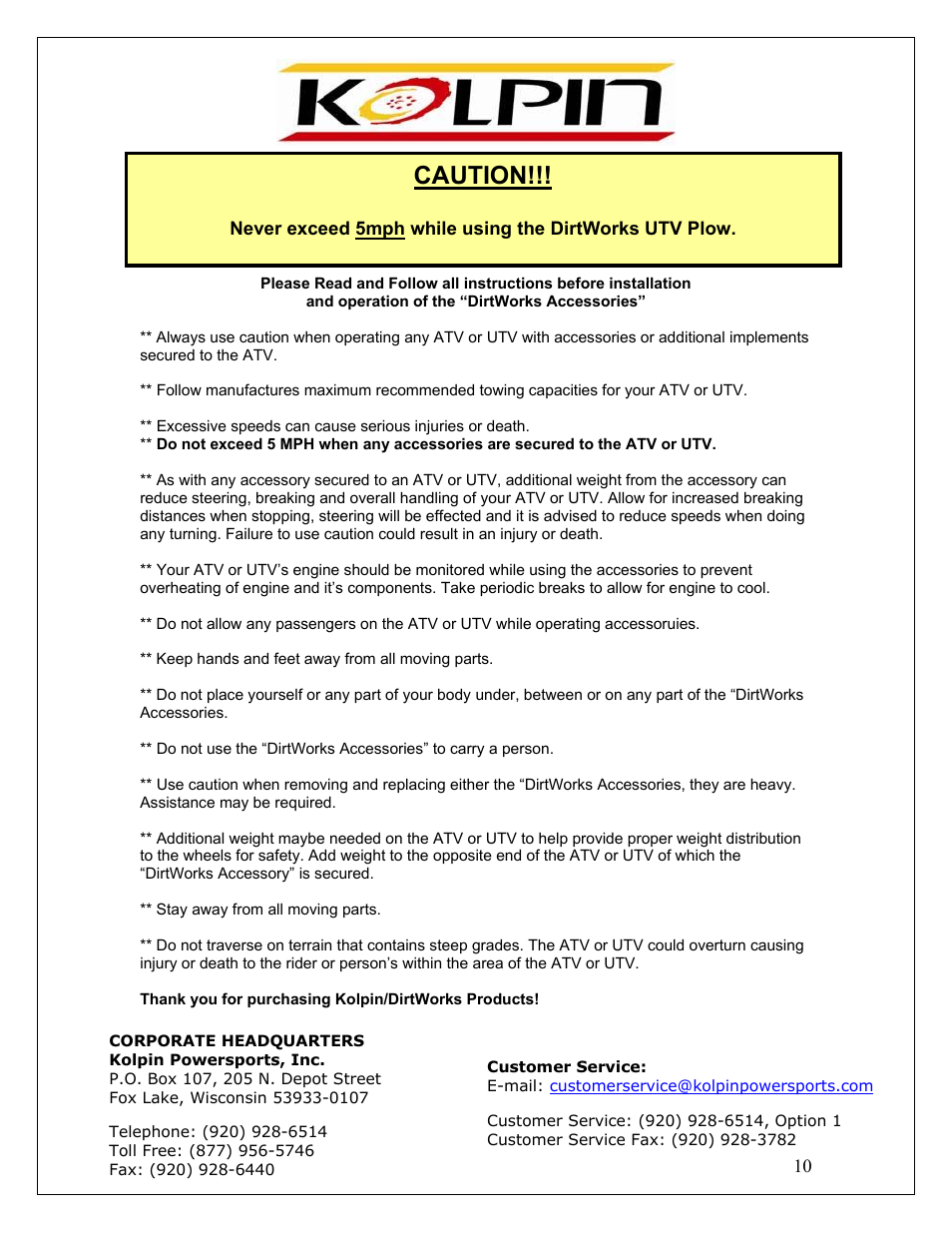 Caution | Kolpin 86400 – UTV 72” Snow Plow User Manual | Page 10 / 10