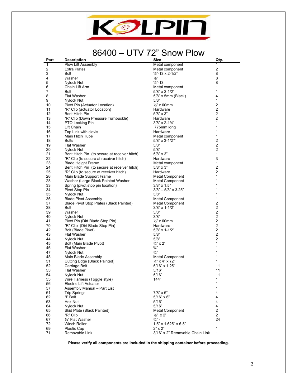 Kolpin 86400 – UTV 72” Snow Plow User Manual | Page 2 / 10