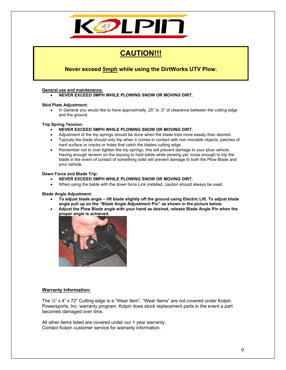 Caution | Kolpin 86400 – UTV 72” Snow Plow User Manual | Page 9 / 10
