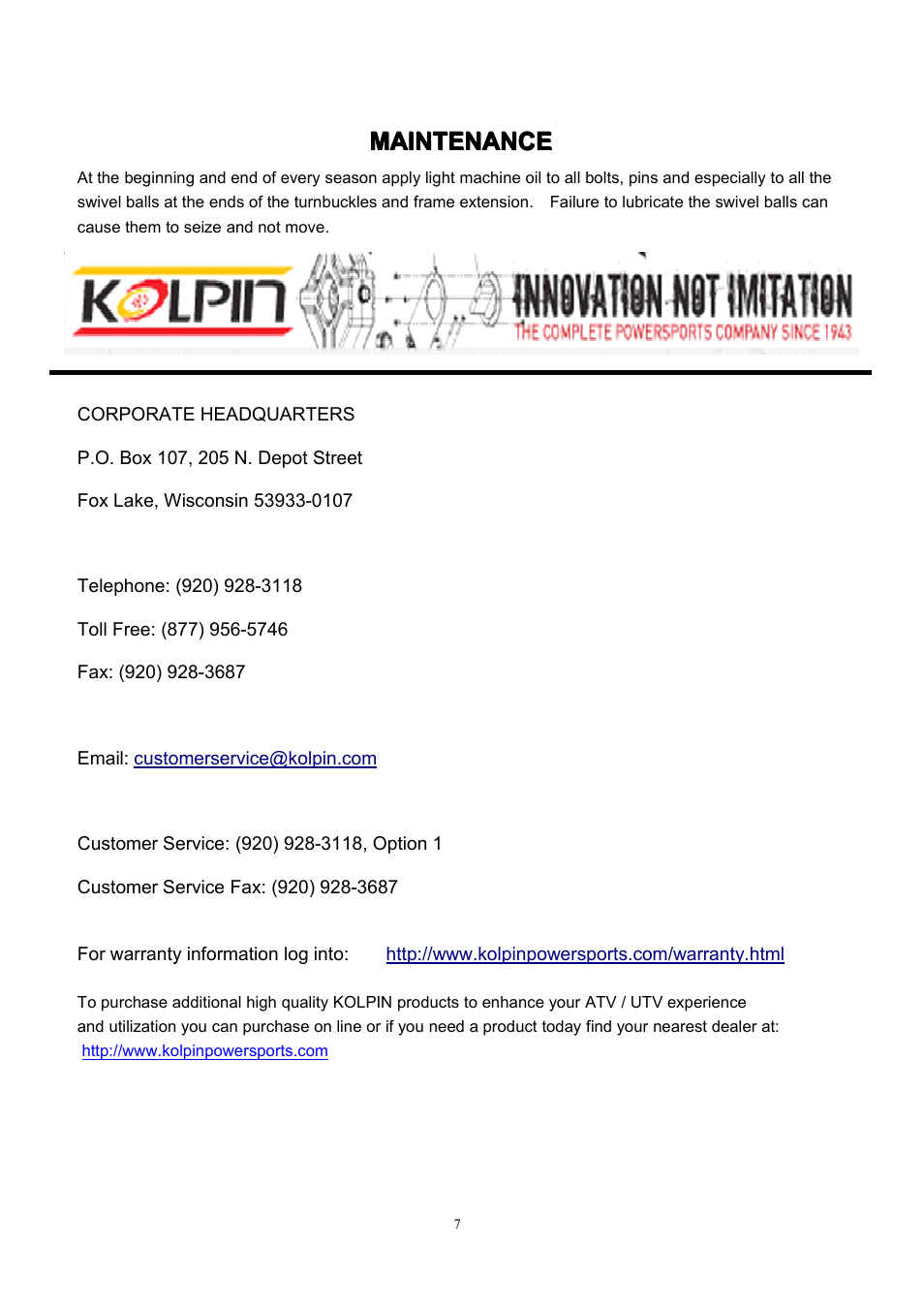 Maintenance | Kolpin WHS03HD ATV User Manual | Page 8 / 8