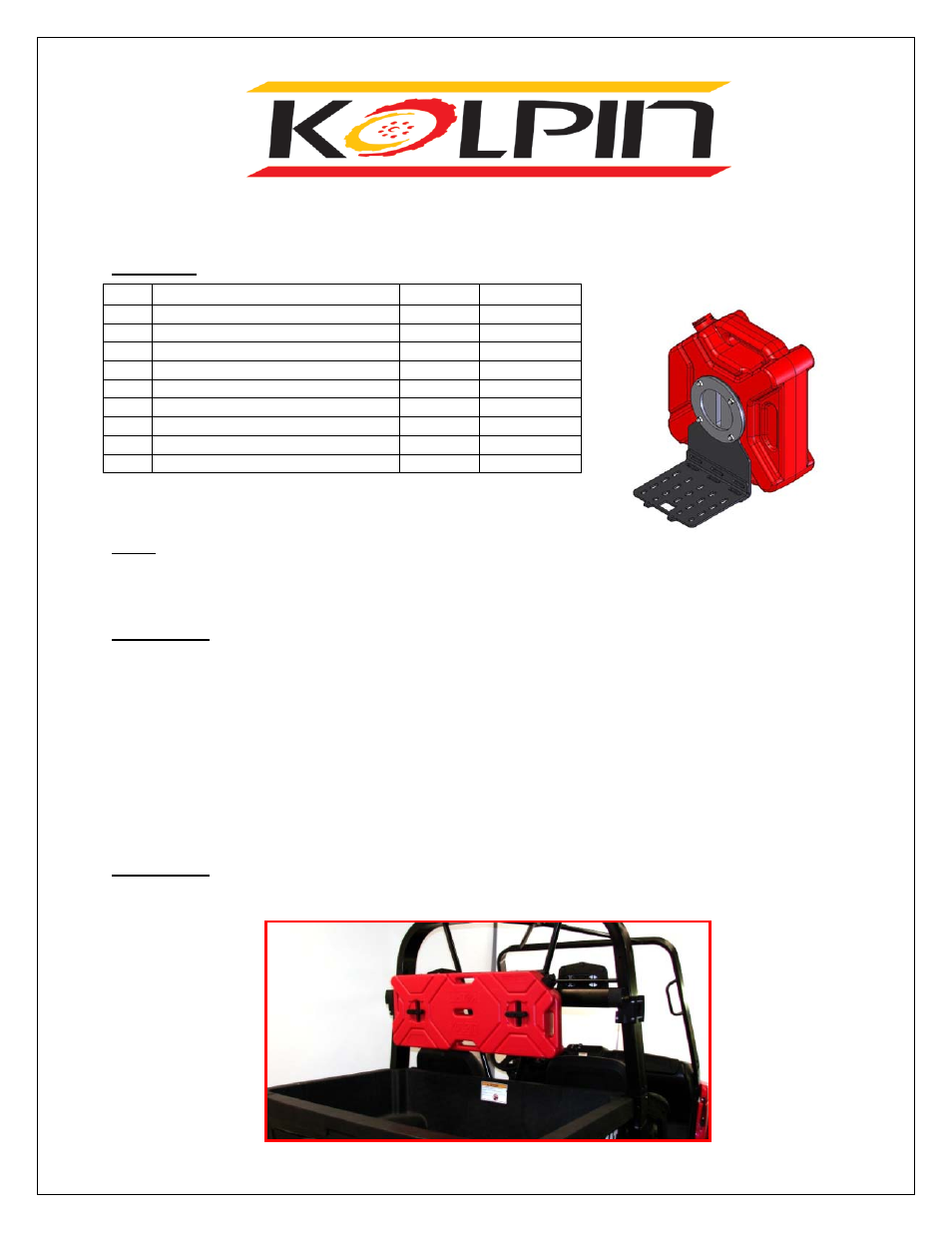 Kolpin 89475 – Fuel_Water Pack Bracket User Manual | 3 pages