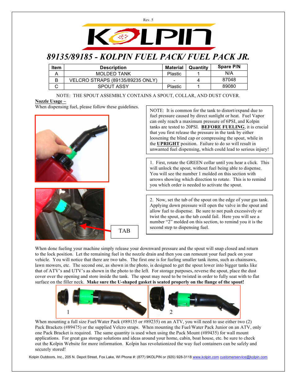 Kolpin 89185 – FUEL PACK JR. User Manual | 1 page