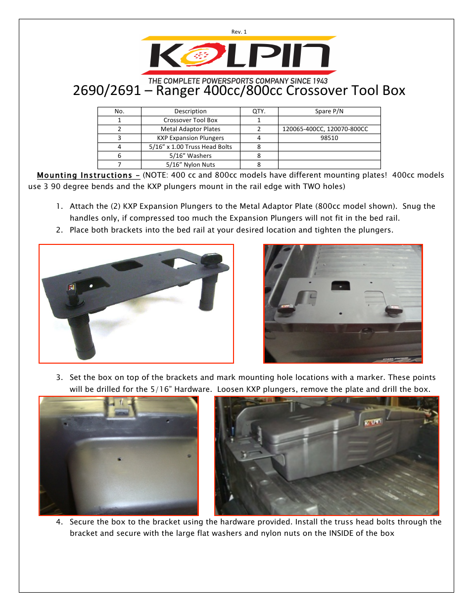 Kolpin 2691 – Ranger 800cc Crossover Tool Box User Manual | 2 pages