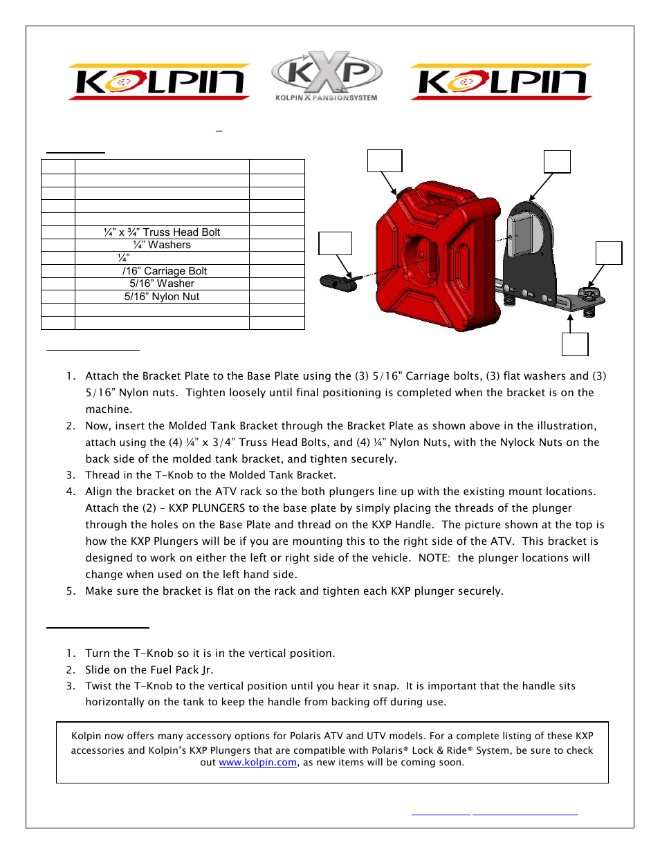 Kolpin 89745 – KXP Fuel Pack Jr. with Bracket User Manual | 1 page