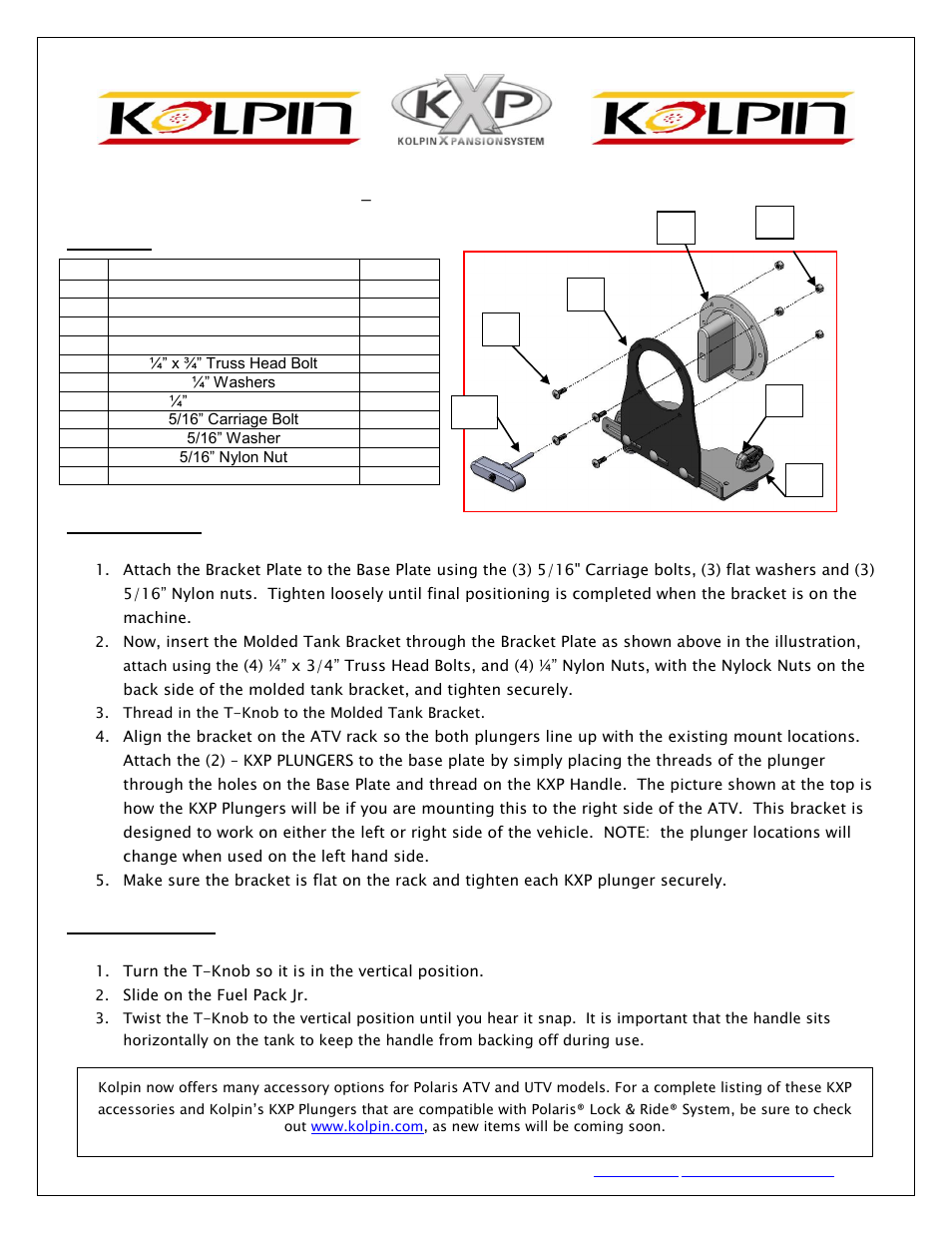 Kolpin 89485 – KXP Fuel Pack Bracket User Manual | 1 page