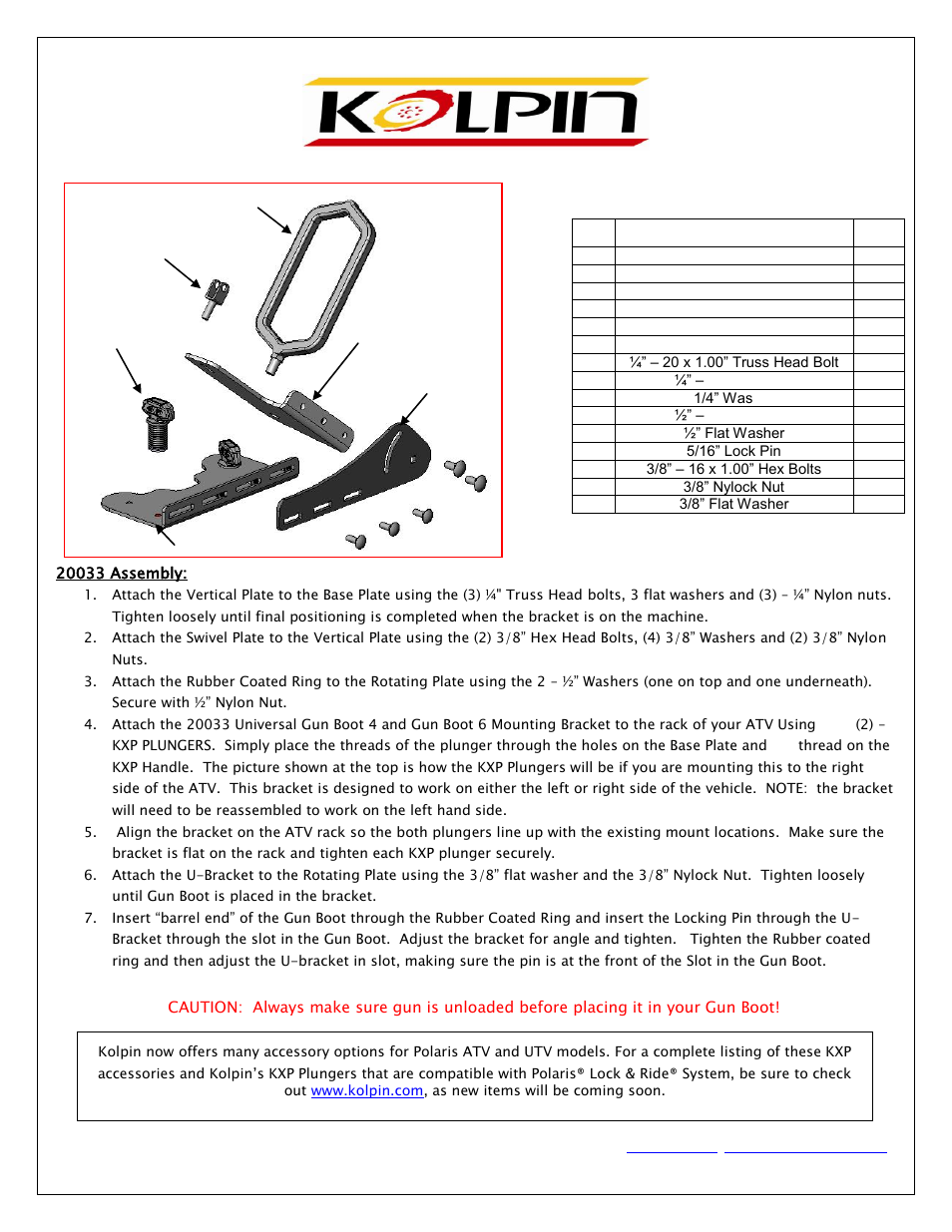 Kolpin 20033 - KXP Gun Boot 4 and Gun Boot 6 Loop Bracket User Manual | 1 page