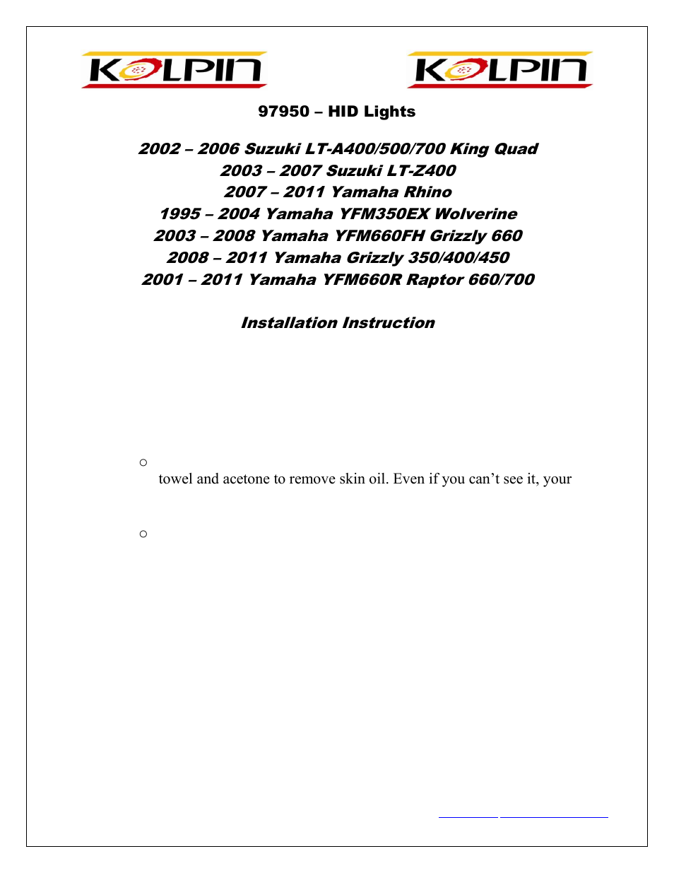 Kolpin 97950 – HID Lights User Manual | 3 pages