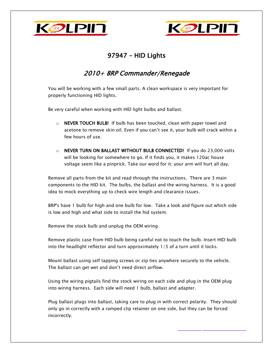Kolpin 97947 – HID Lights User Manual | 2 pages