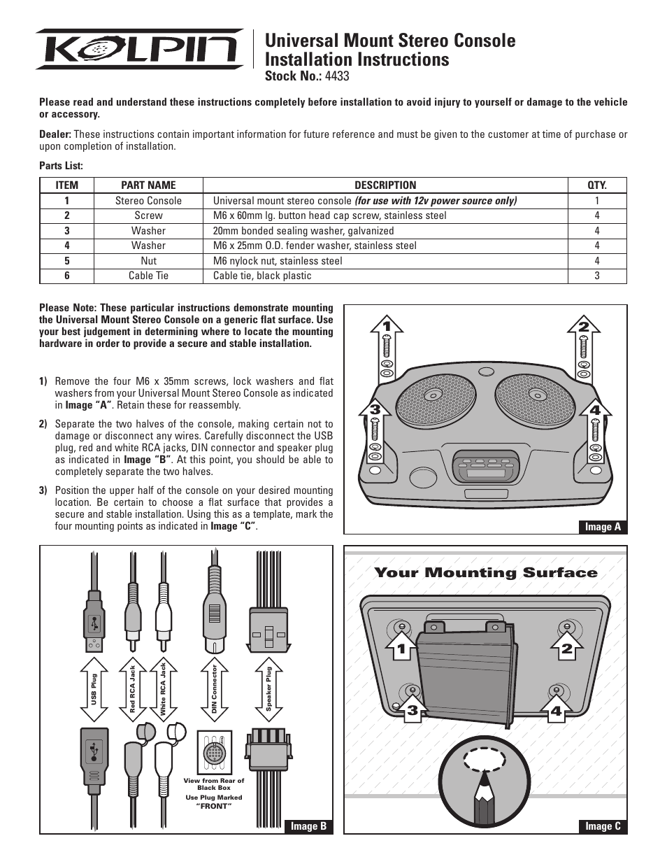 Kolpin 4433 – Universal Mount Stereo Console User Manual | 2 pages