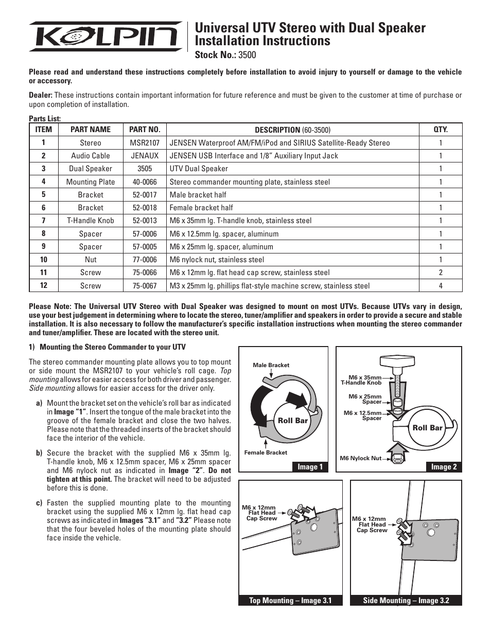 Kolpin 3500 – Universal UTV Stereo with Dual Speaker User Manual | 2 pages