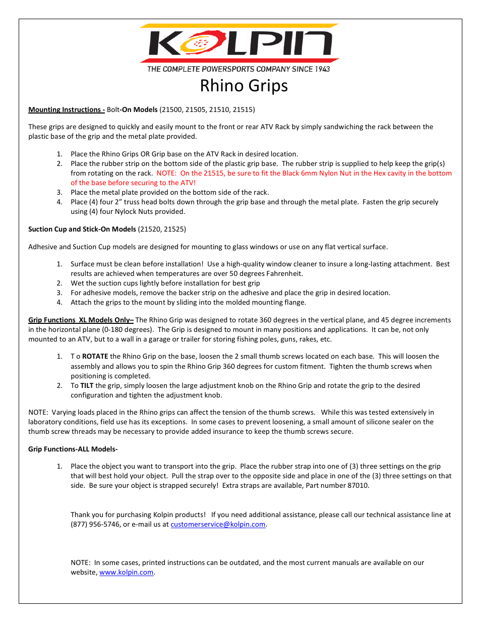 Kolpin 21515 – Rhino Grips User Manual | 1 page