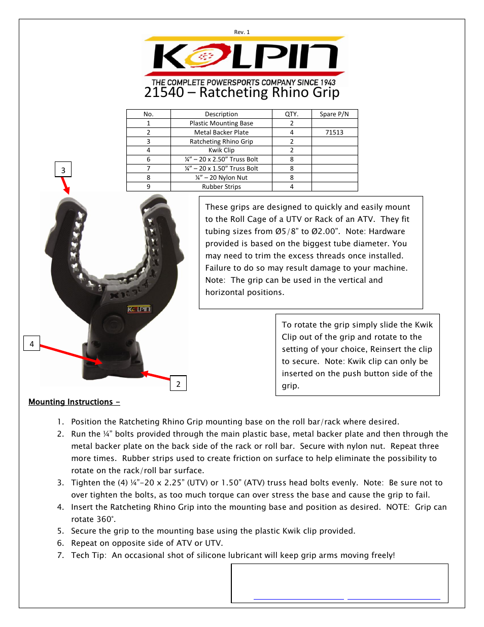 Kolpin 21540 – Ratcheting Rhino Grip User Manual | 1 page