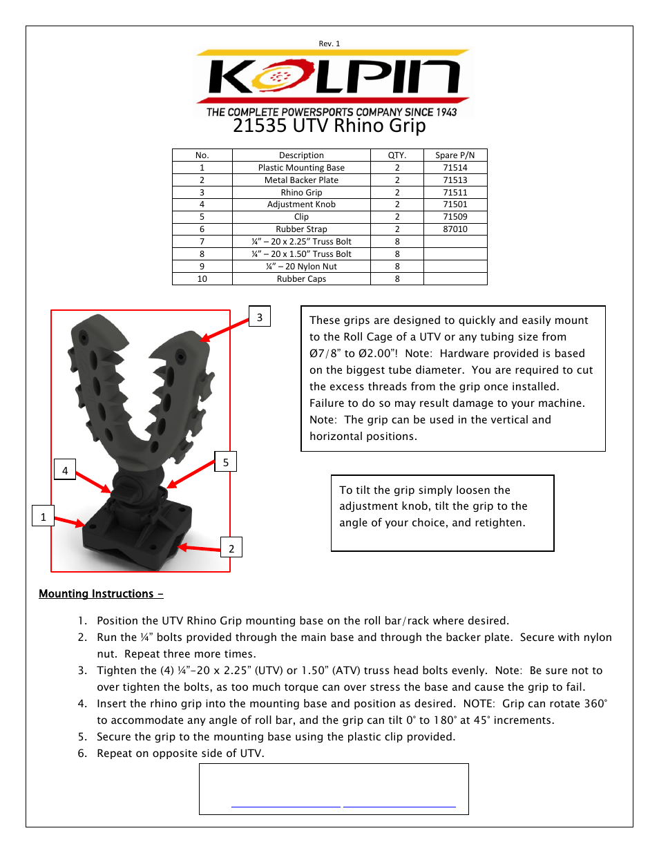 Kolpin 21535 – UTV Rhino Grip User Manual | 1 page