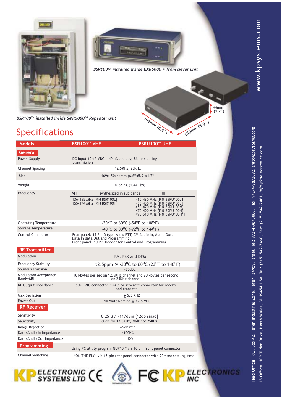 Specifications | KP Electronic Systems BSRU100 User Manual | Page 2 / 2