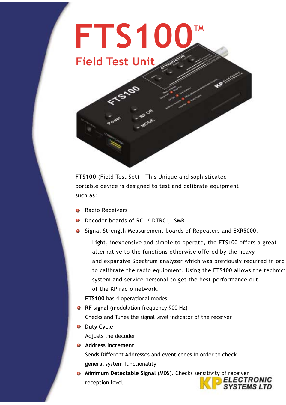 KP Electronic Systems FTS100 User Manual | 2 pages