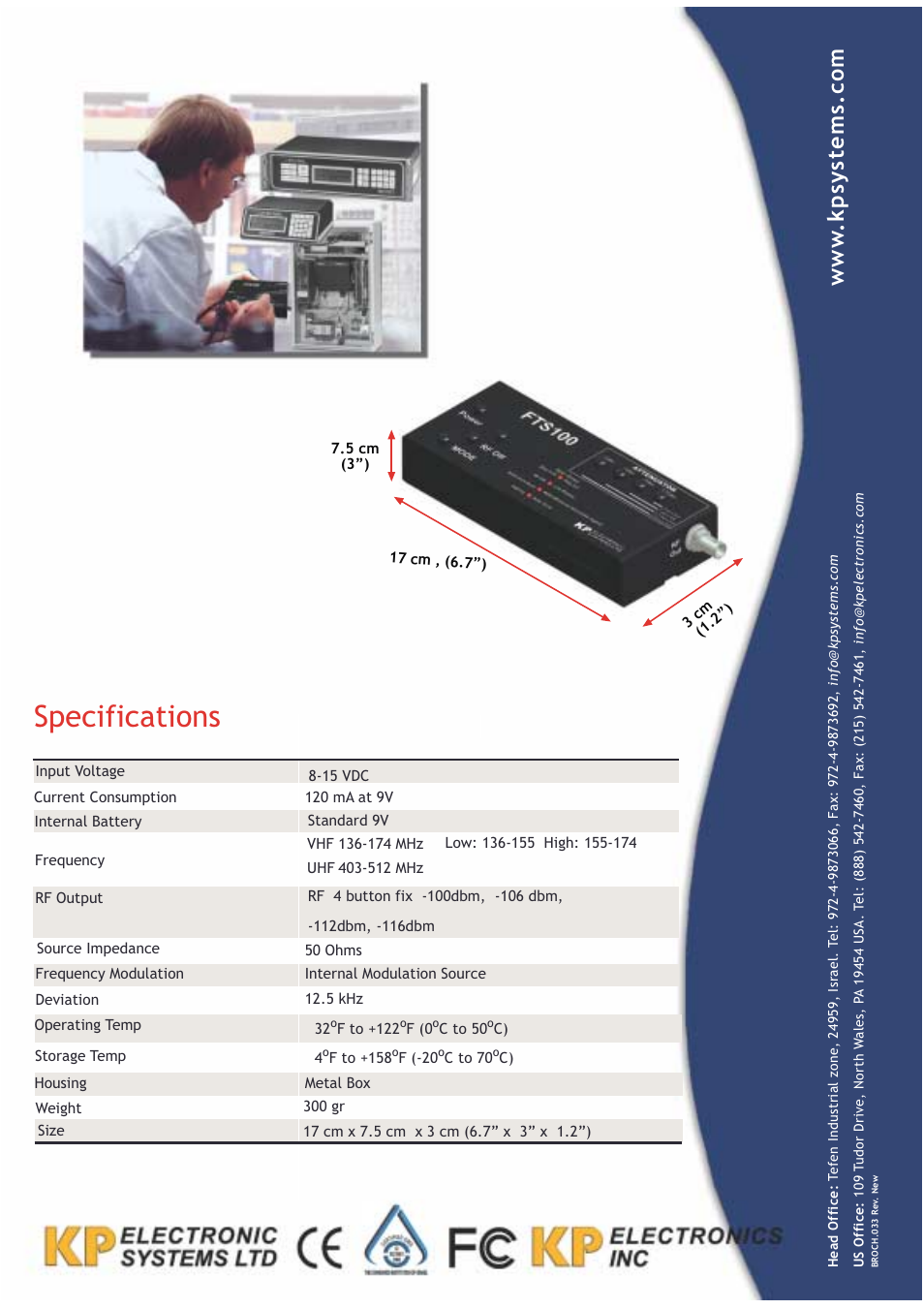 Specifications | KP Electronic Systems FTS100 User Manual | Page 2 / 2