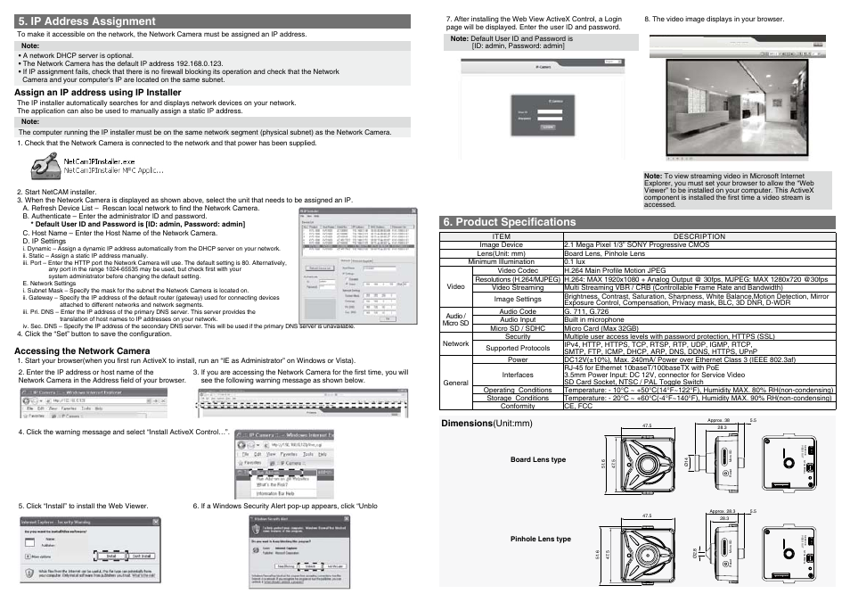Ip address assignment, Product specifications, Assign an ip address using ip installer | Accessing the network camera, Dimensions (unit:mm) | KT&C KNC-HDi47 User Manual | Page 2 / 2