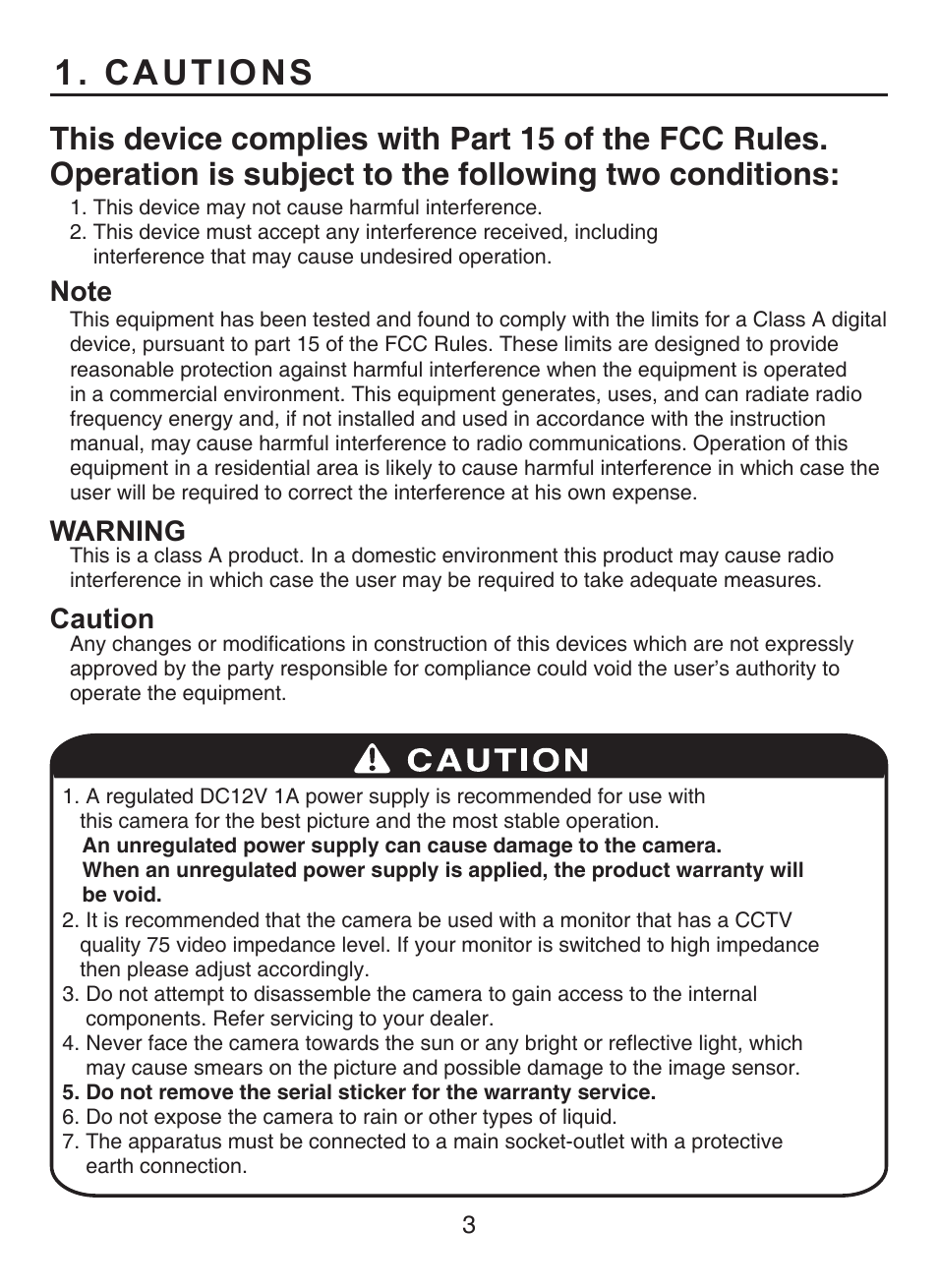 Cautions, Warning, Caution | KT&C KPC-HDV120F User Manual | Page 3 / 23