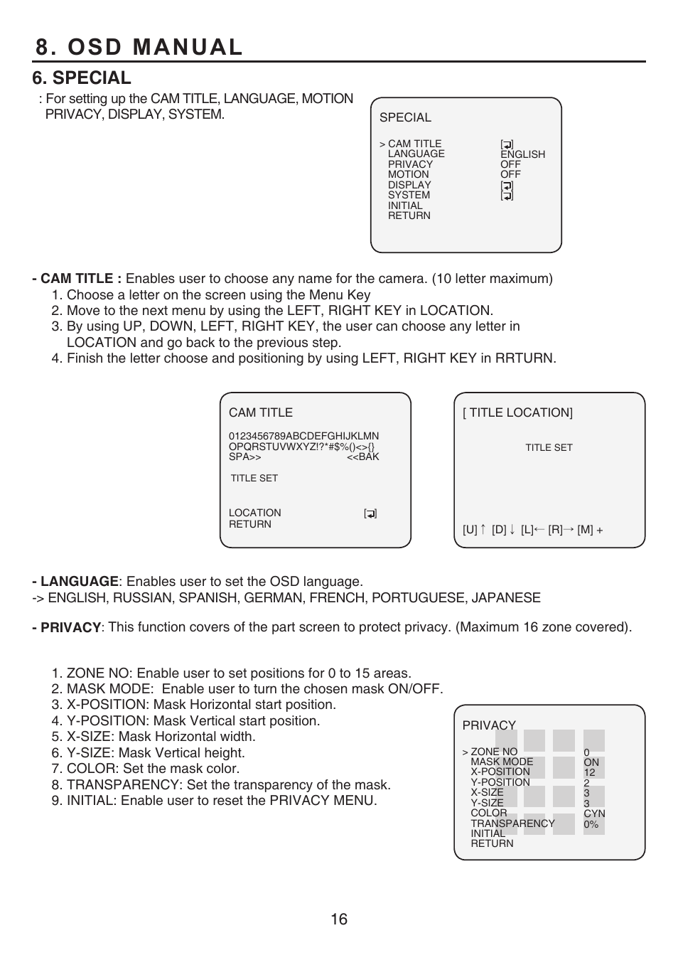 Osd manual, Special | KT&C KPC-HLND45 User Manual | Page 16 / 17