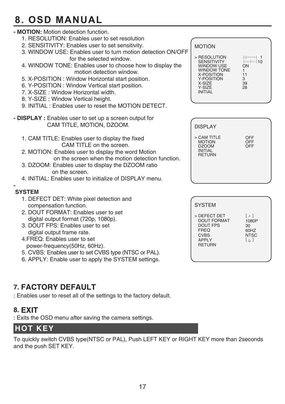 Osd manual, Factory default, Exit | Hot key | KT&C KPC-HLND45 User Manual | Page 17 / 17