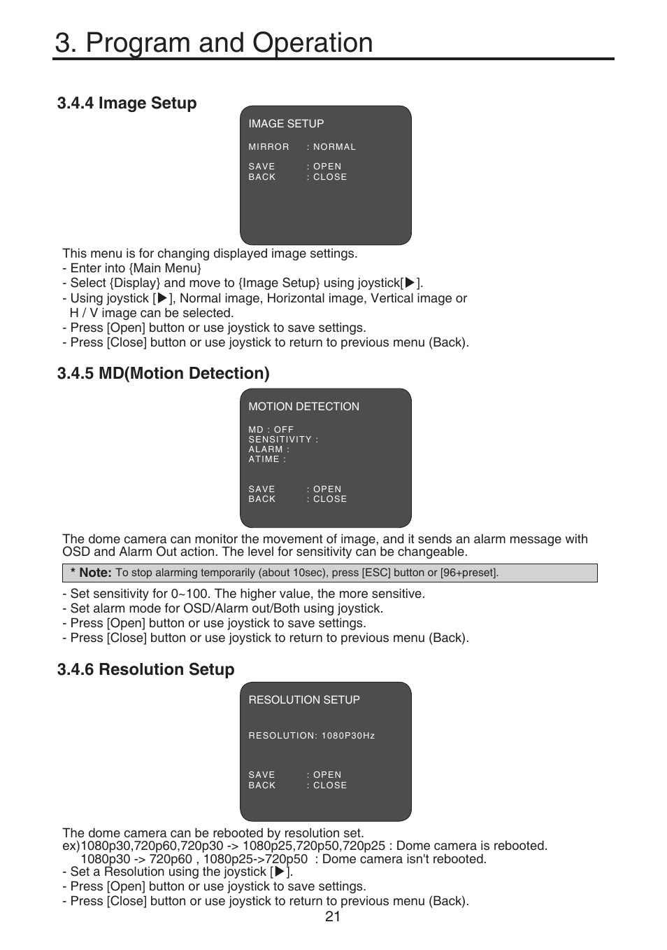 Program and operation, 4 image setup, 5 md(motion detection) | 6 resolution setup | KT&C KPT-SPDN120HD User Manual | Page 21 / 36