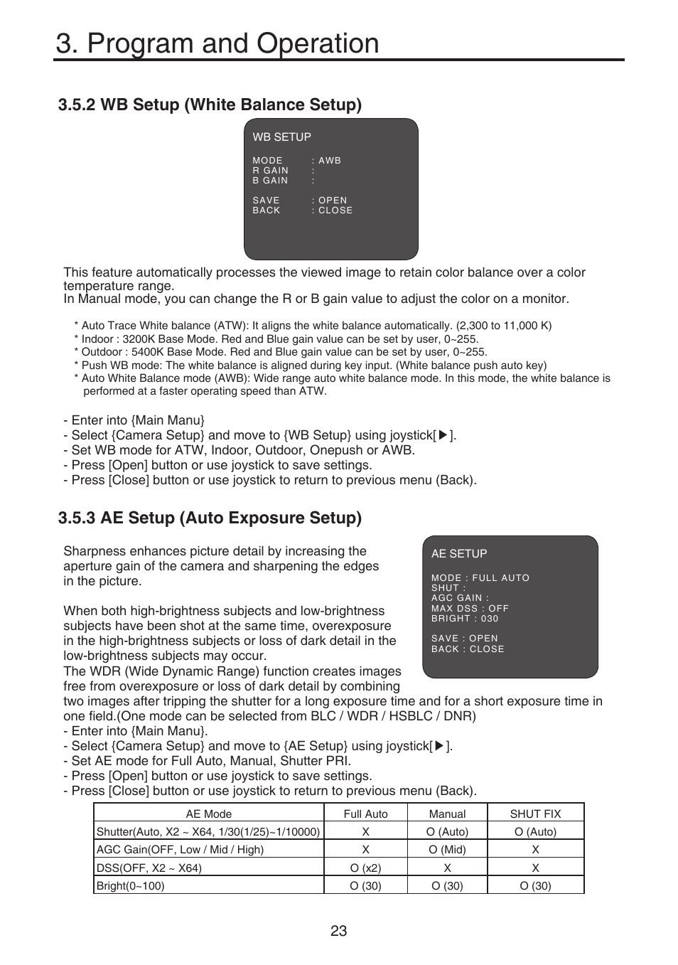 Program and operation, 2 wb setup (white balance setup), 3 ae setup (auto exposure setup) | KT&C KPT-SPDN120HD User Manual | Page 23 / 36