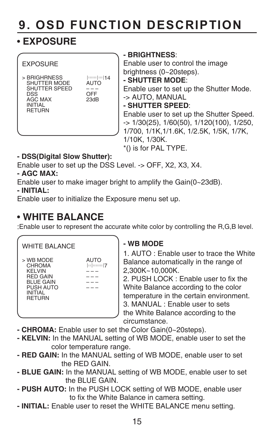 Osd function description, Exposure, White balance | KT&C KPC-HDB450M User Manual | Page 15 / 21