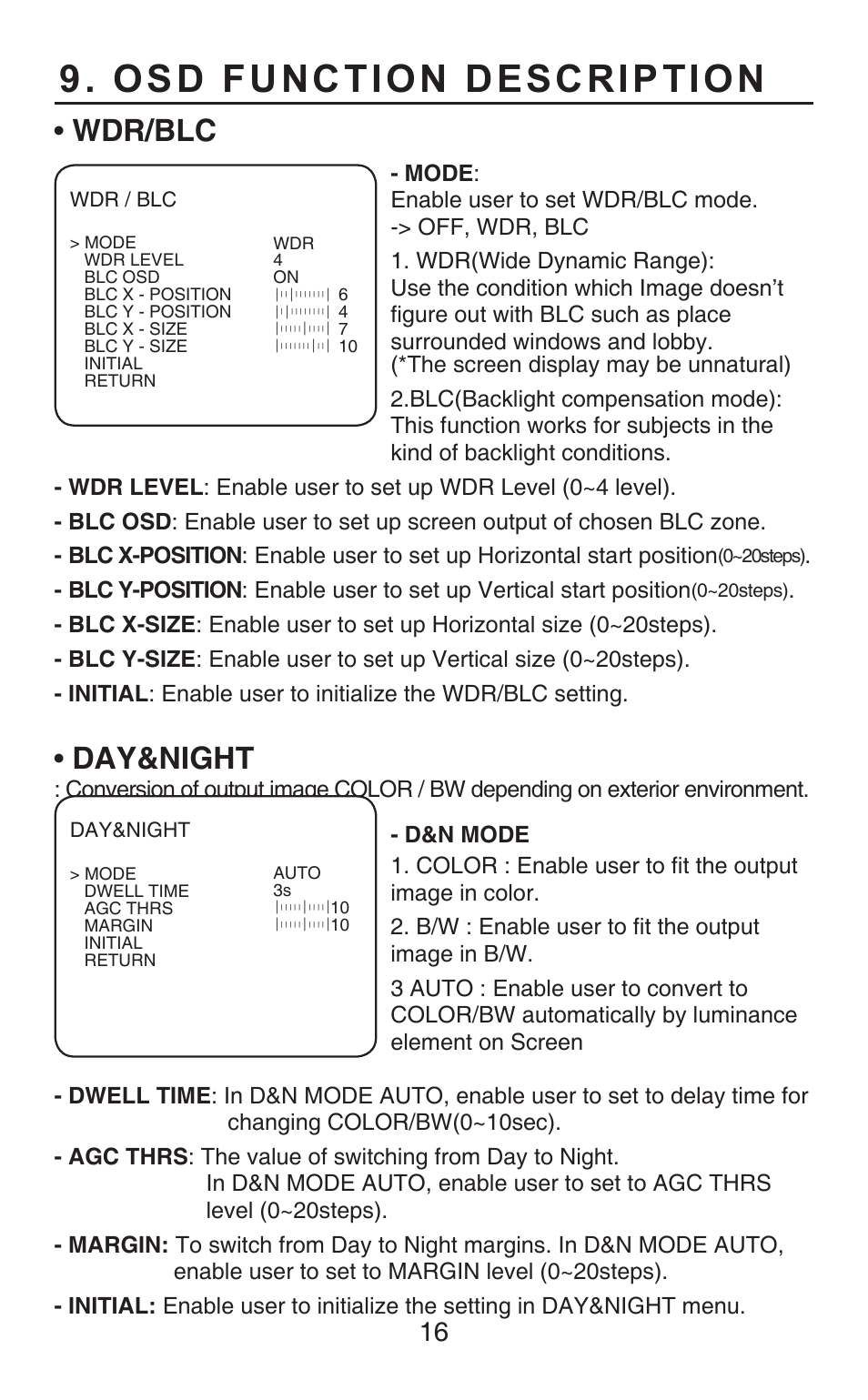 Osd function description, Wdr/blc, Day&night | KT&C KPC-HDB450M User Manual | Page 16 / 21
