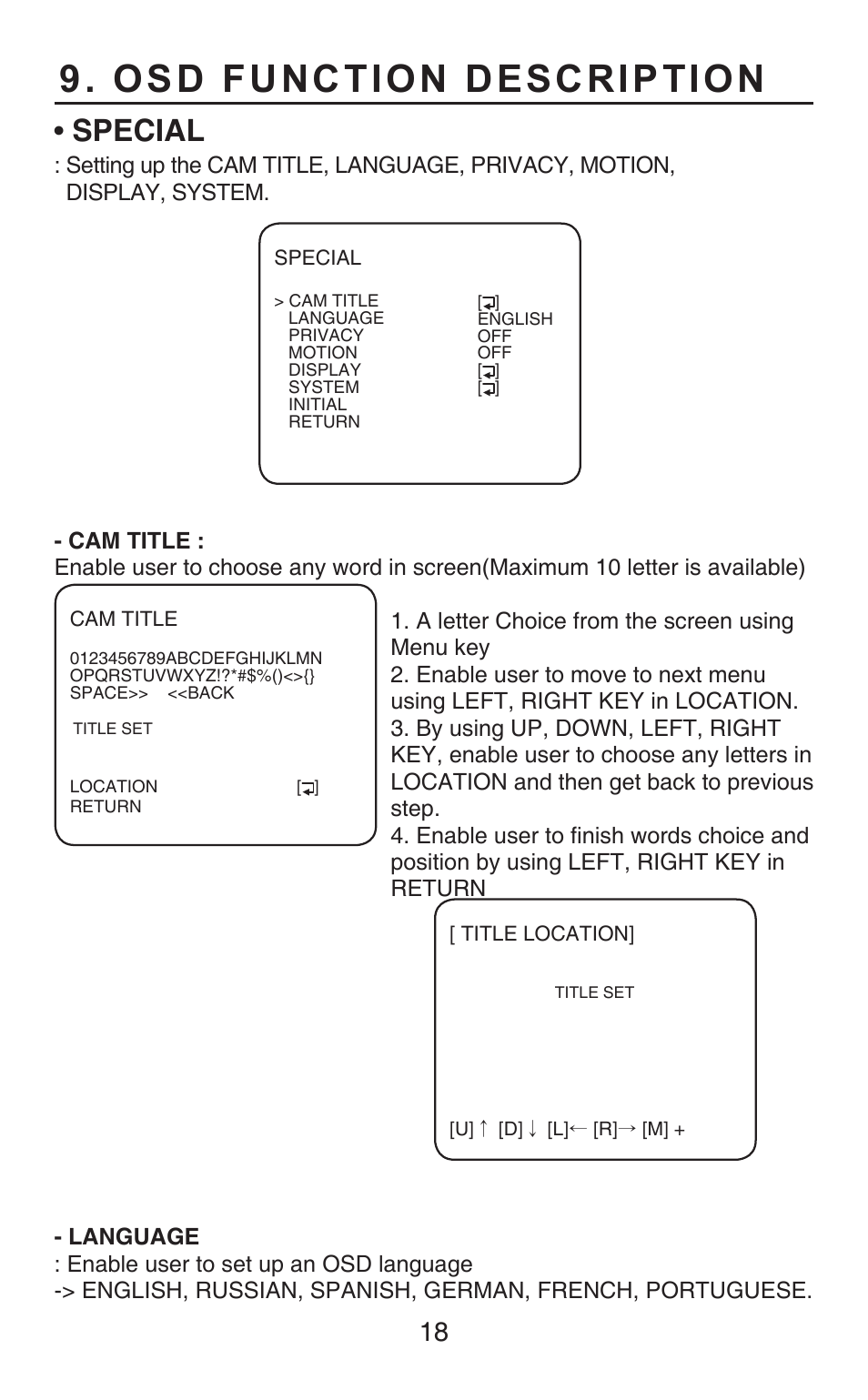 Osd function description, Special | KT&C KPC-HDB450M User Manual | Page 18 / 21