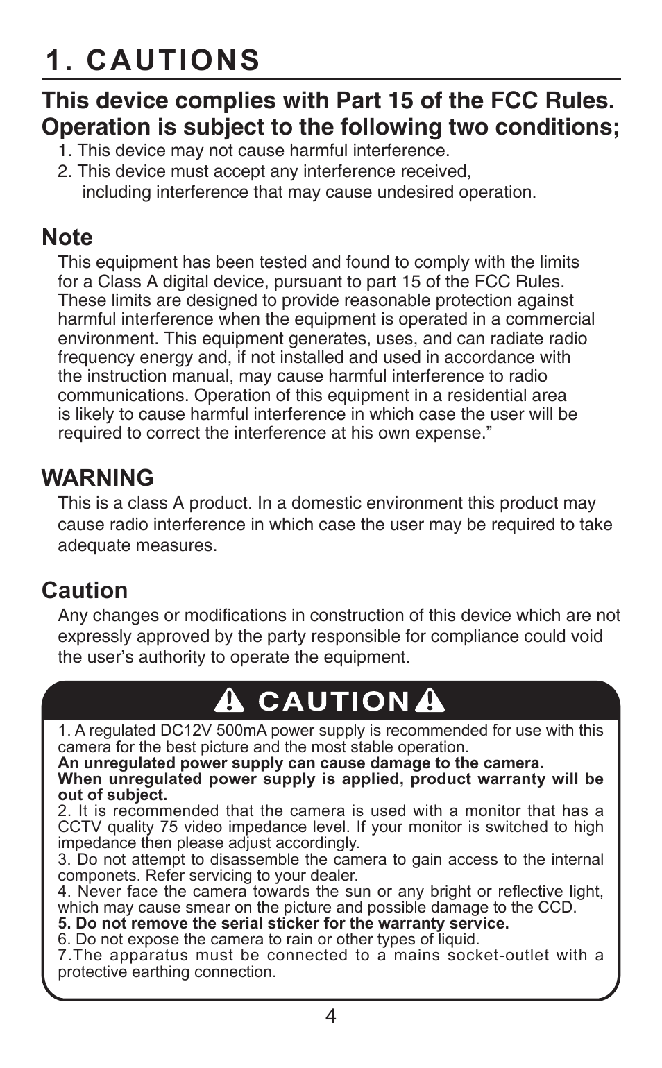 Cautions, Warning, Caution | KT&C KPC-HDB450M User Manual | Page 4 / 21