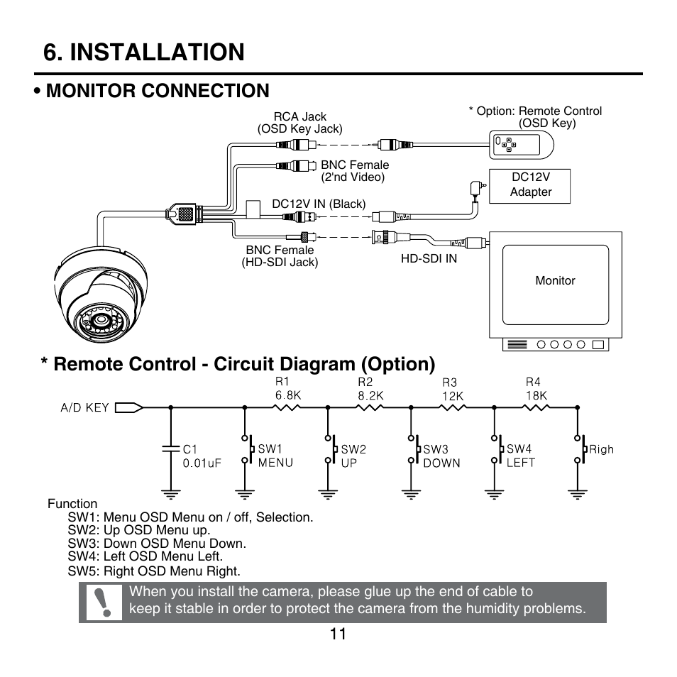 Installation, Remote control - circuit diagram (option), Monitor connection | KT&C KPC-HNV522MB User Manual | Page 11 / 18