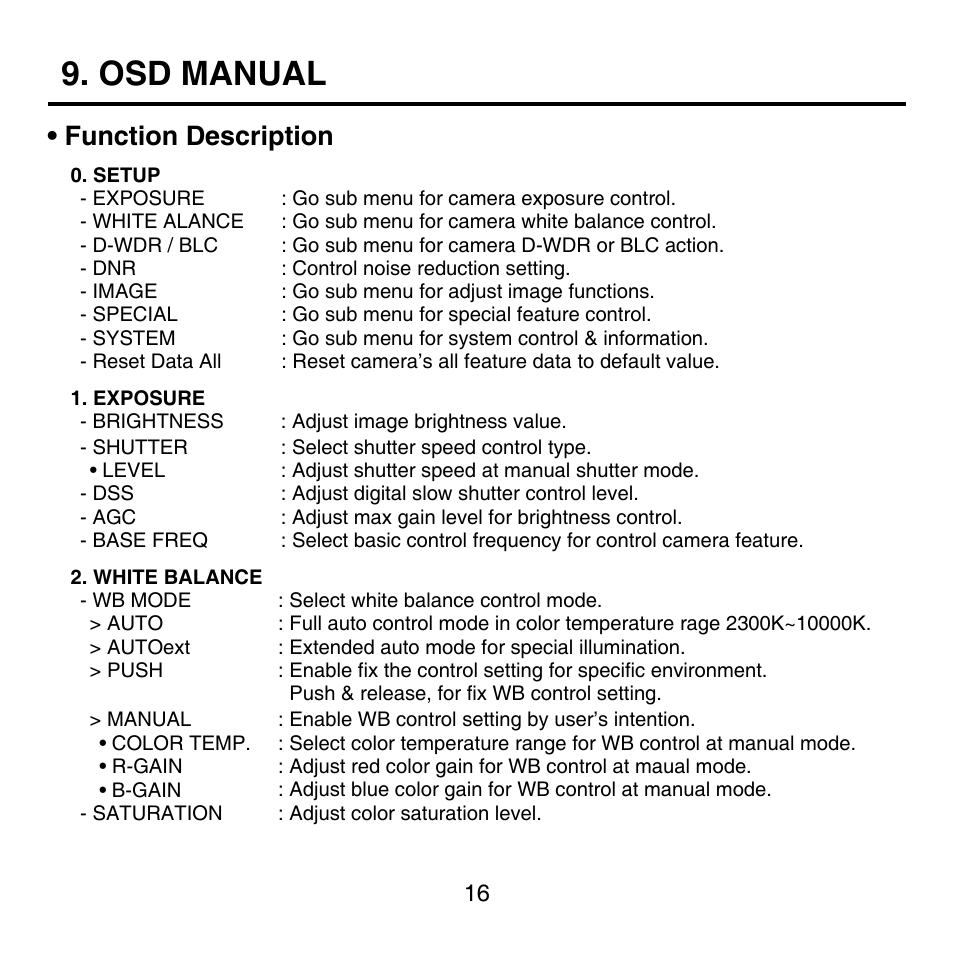 Osd manual, Function description | KT&C KPC-HNV522MB User Manual | Page 16 / 18