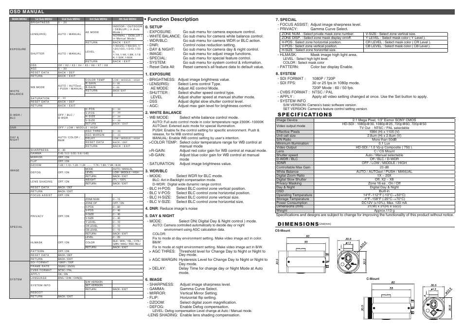 Specifications dimensions, Function description | KT&C KPC-HDB650M User Manual | Page 2 / 2