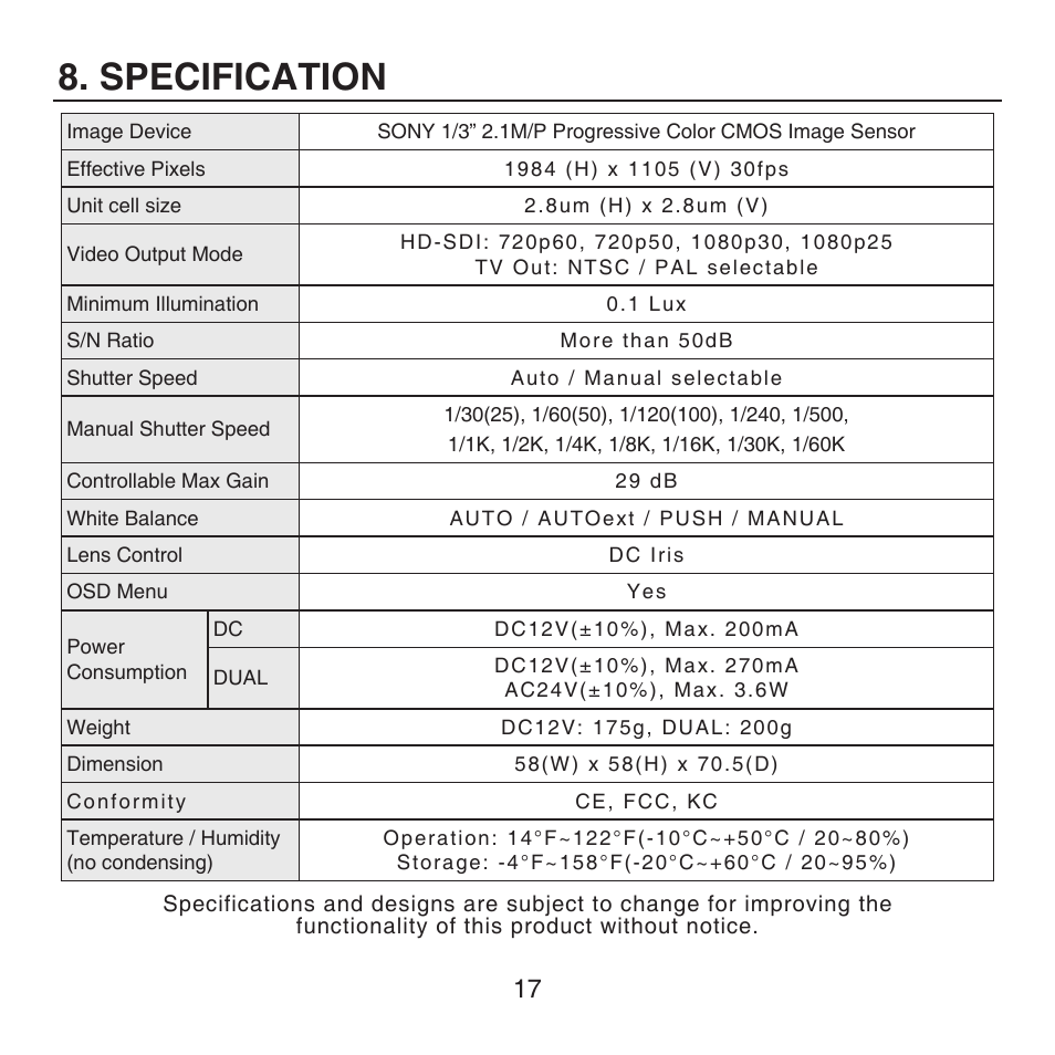 Specification | KT&C KPC-HDX222M User Manual | Page 17 / 22