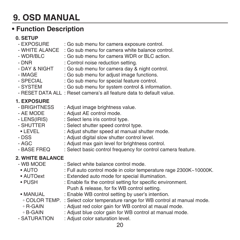 Osd manual, Function description | KT&C KPC-HDX222M User Manual | Page 20 / 22