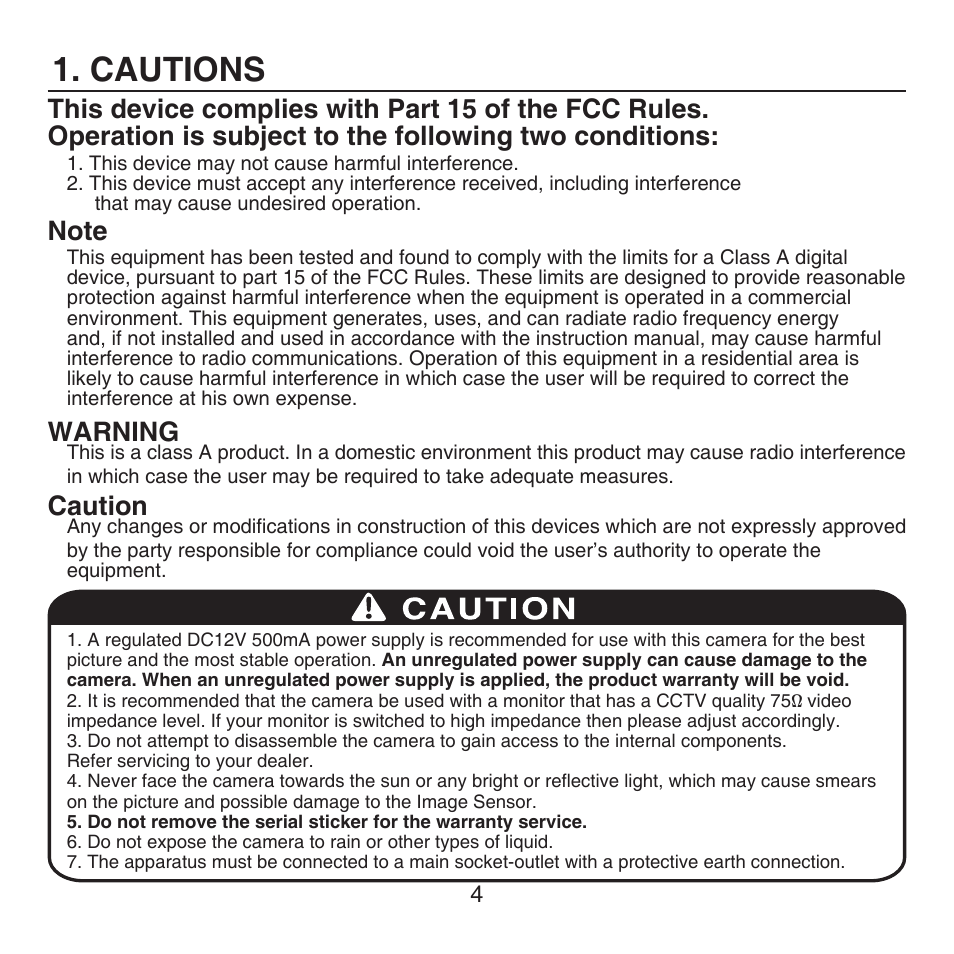 Cautions, Warning, Caution | KT&C KPC-HDX222M User Manual | Page 4 / 22