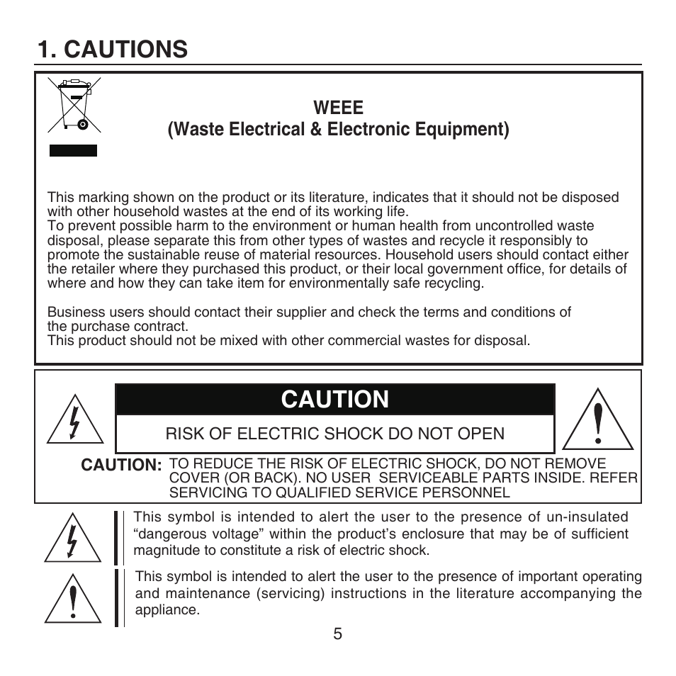 Cautions, Caution, Weee (waste electrical & electronic equipment) | KT&C KPC-HDX222M User Manual | Page 5 / 22