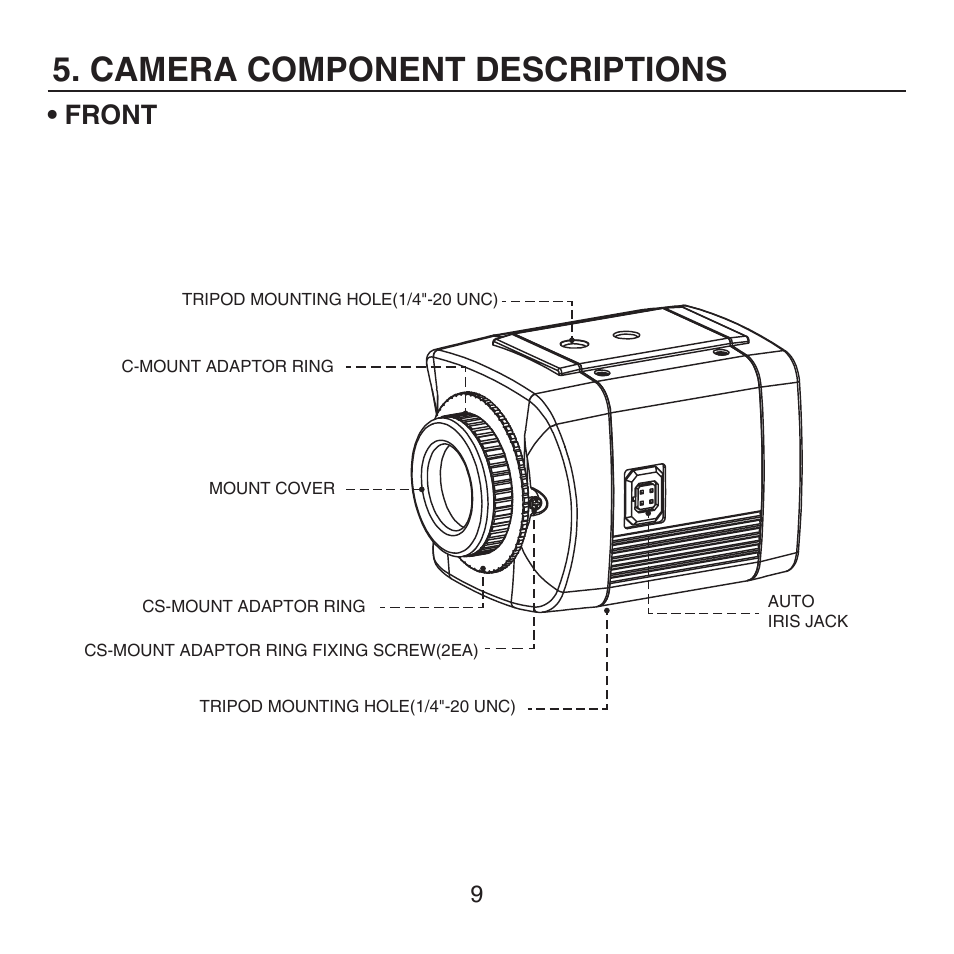 Camera component descriptions, Front | KT&C KPC-HDX222M User Manual | Page 9 / 22