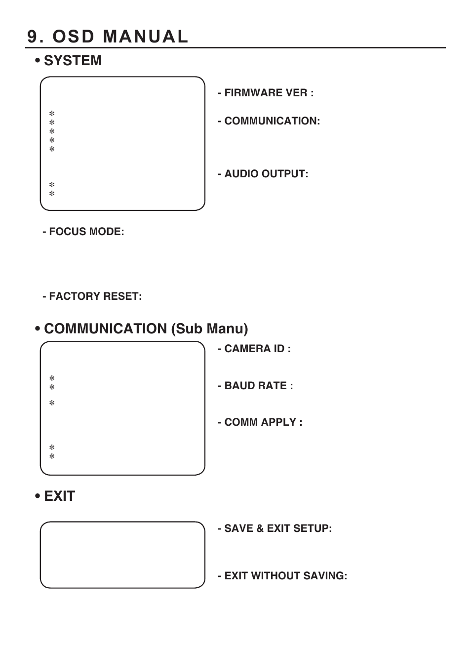 Osd manual, System, Communication (sub manu) | Exit | KT&C KPC-HDX210M User Manual | Page 31 / 32