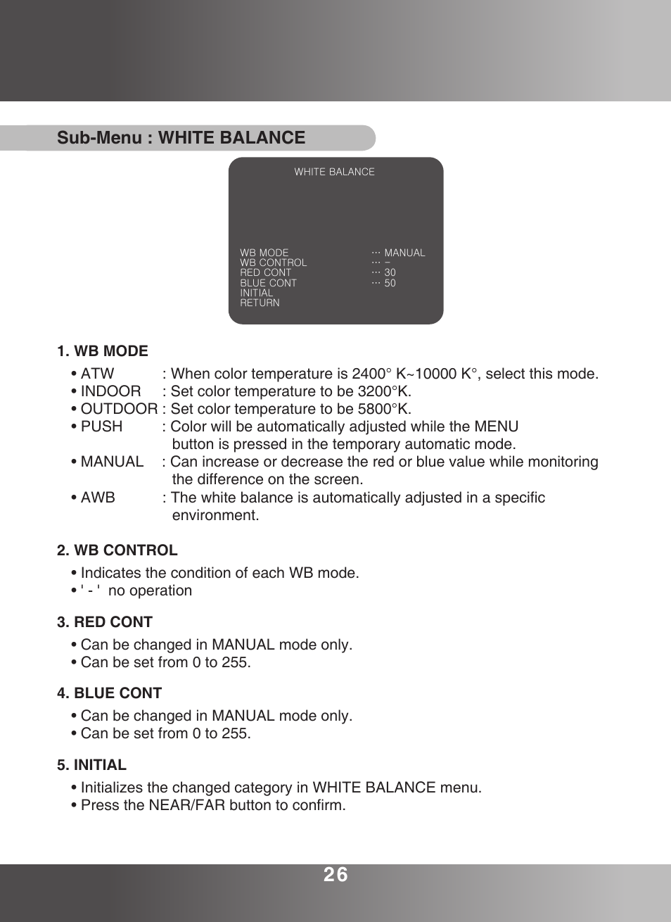 Sub-menu : white balance | KT&C KPC-ZA360WN User Manual | Page 25 / 40