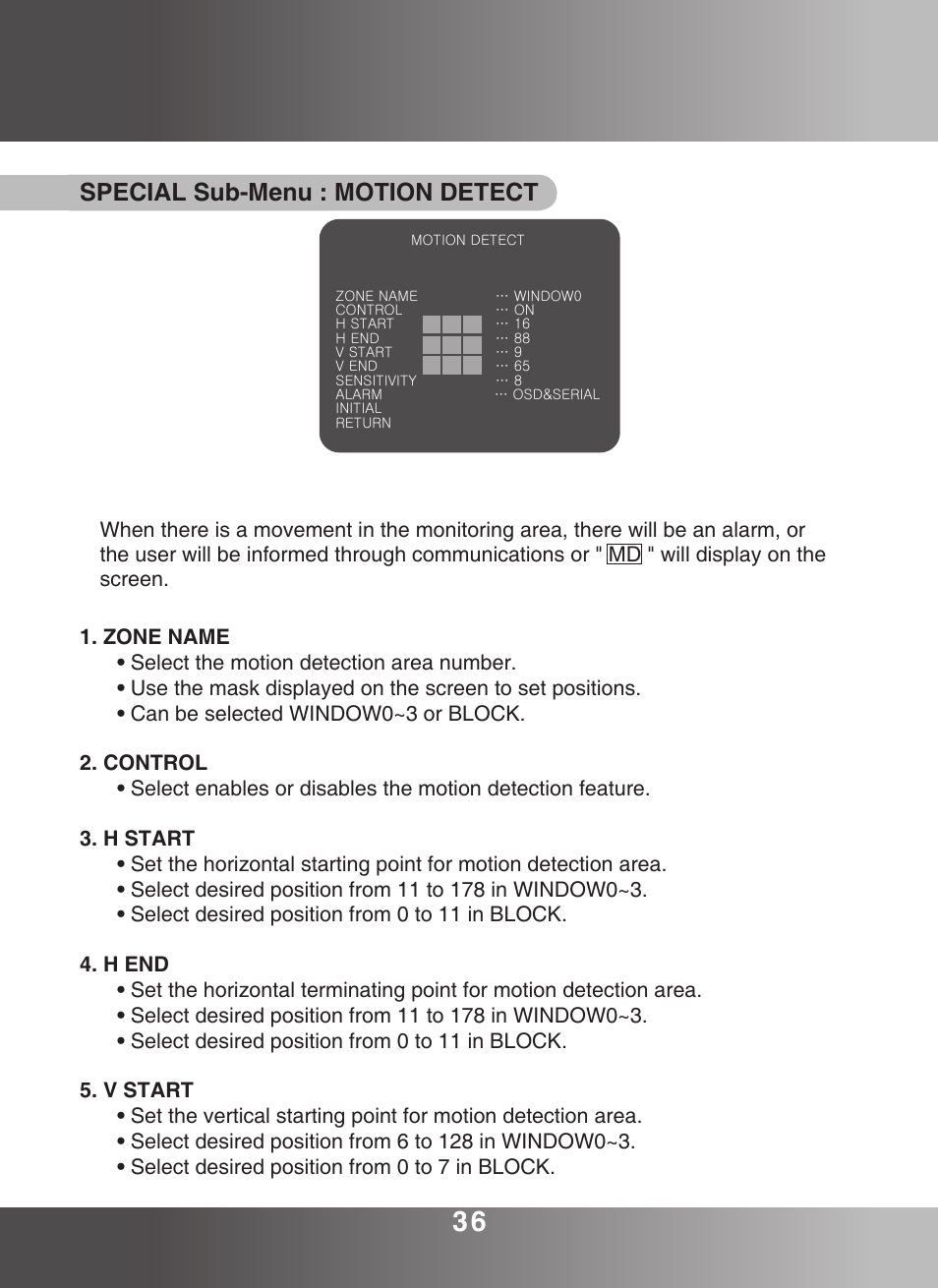 Special sub-menu : motion detect | KT&C KPC-ZA360WN User Manual | Page 35 / 40