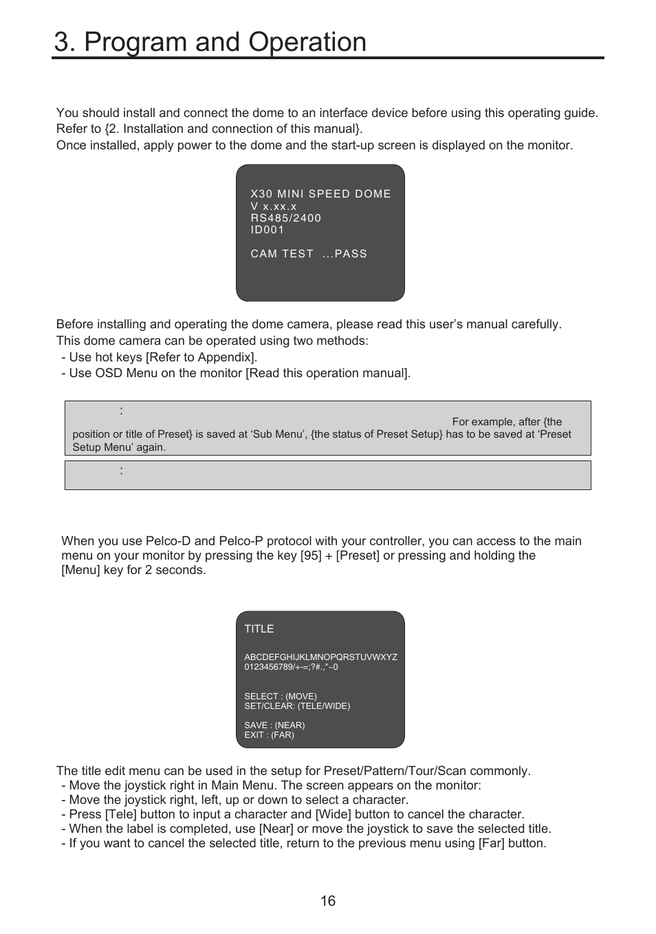 Program and operation, 1 getting started, 1 accessing main menu [95] + [preset]/ [menu | 2 editing title | KT&C KPT-SPDN300NUCH User Manual | Page 16 / 36
