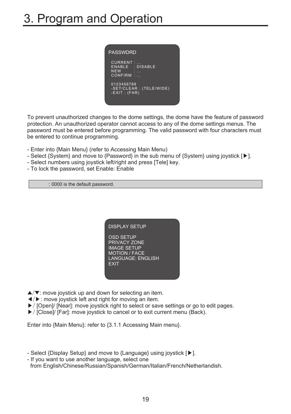Program and operation, 4 display setup menu, 4 entering a password | 1 language | KT&C KPT-SPDN300NUCH User Manual | Page 19 / 36