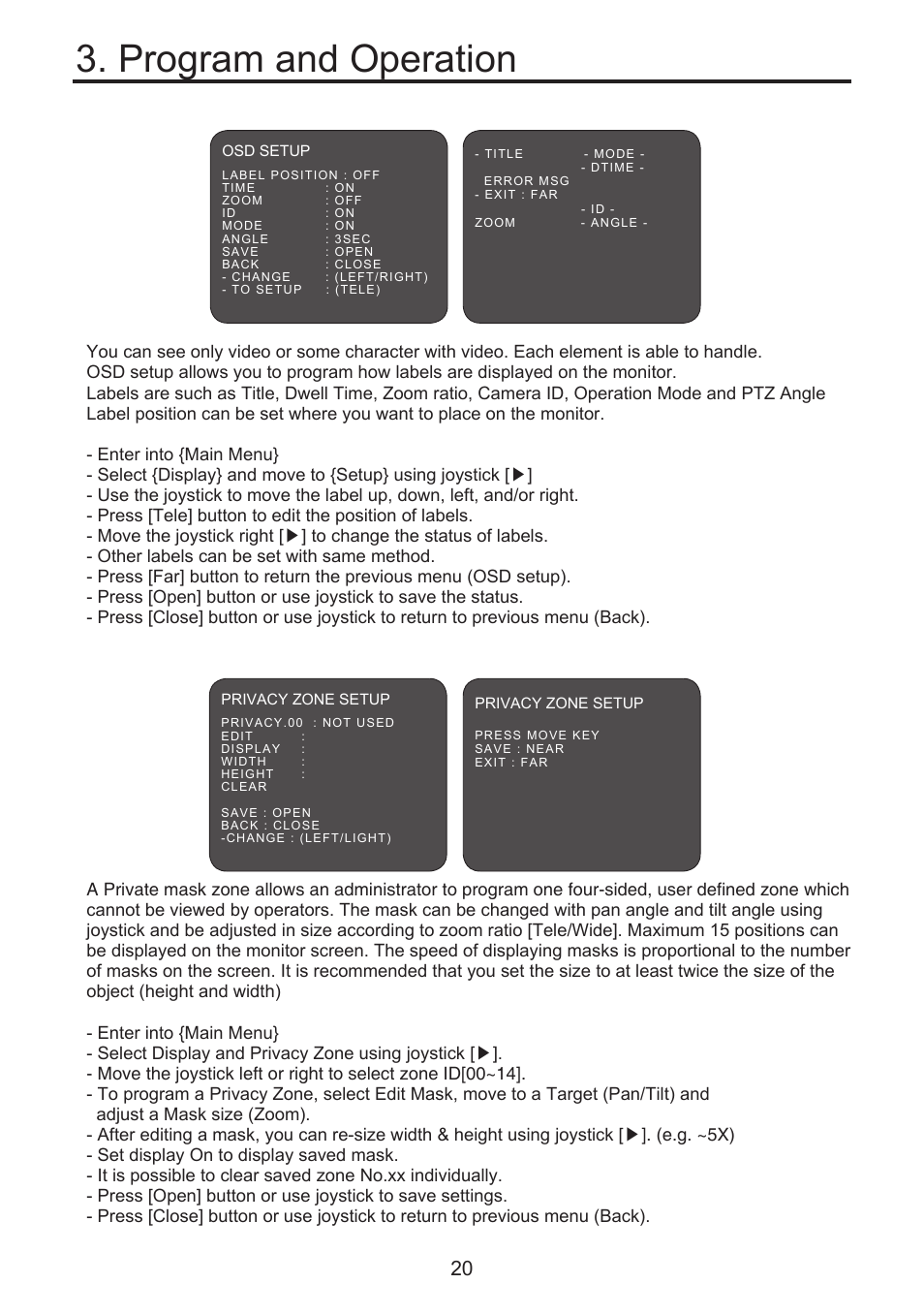 Program and operation, 2 osd setup, 3 privacy zone | KT&C KPT-SPDN300NUCH User Manual | Page 20 / 36