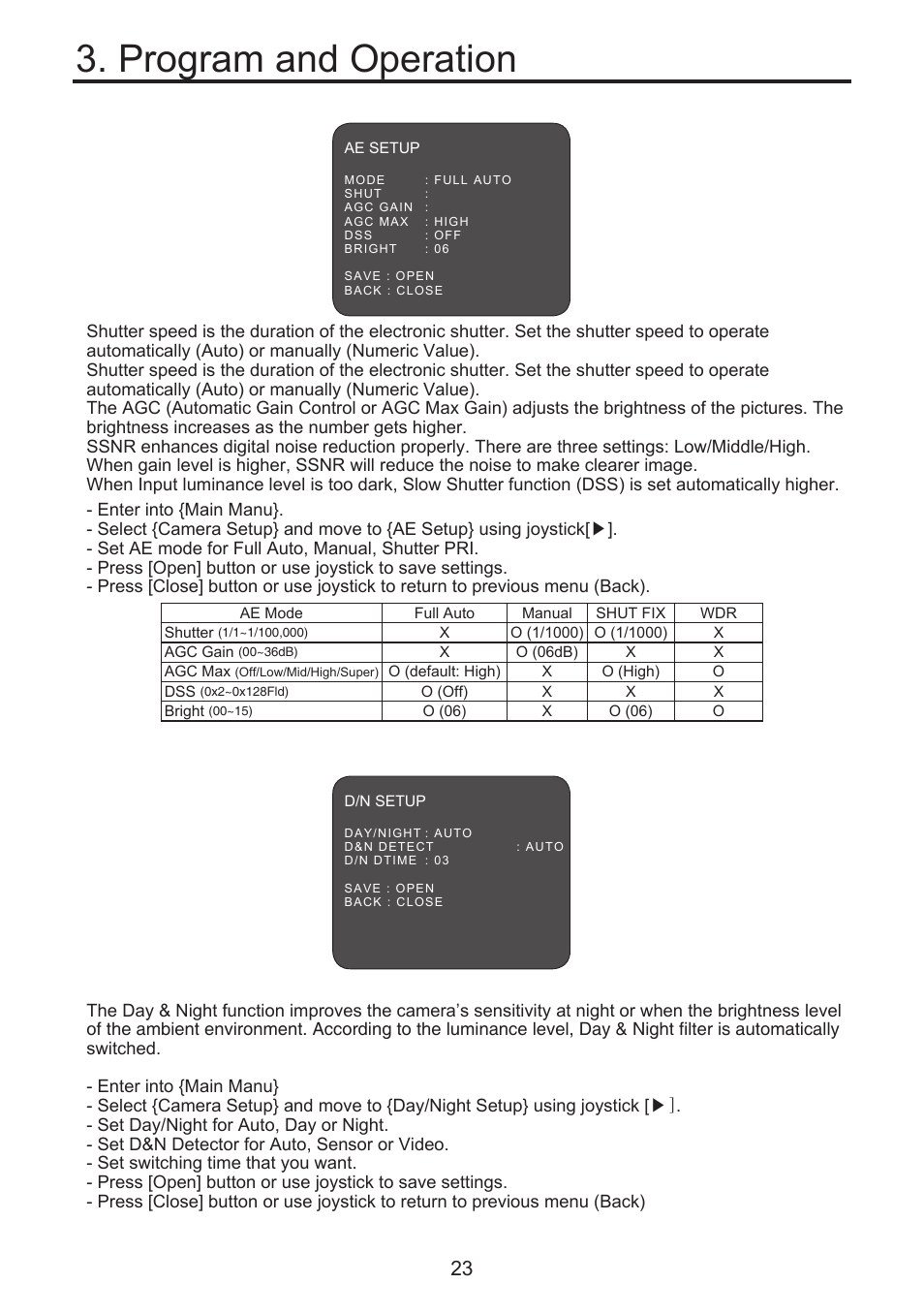 Program and operation, 3 ae setup (auto exposure setup), 4 day & night setup | KT&C KPT-SPDN300NUCH User Manual | Page 23 / 36