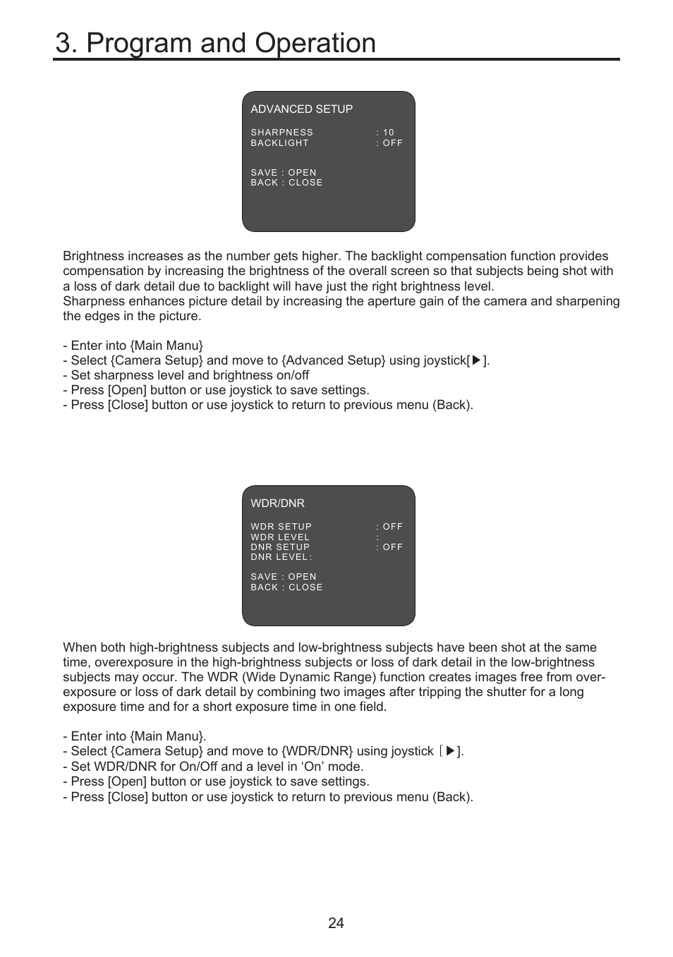 Program and operation, 5 advanced setup, 6 wdr/dnr setup | KT&C KPT-SPDN300NUCH User Manual | Page 24 / 36