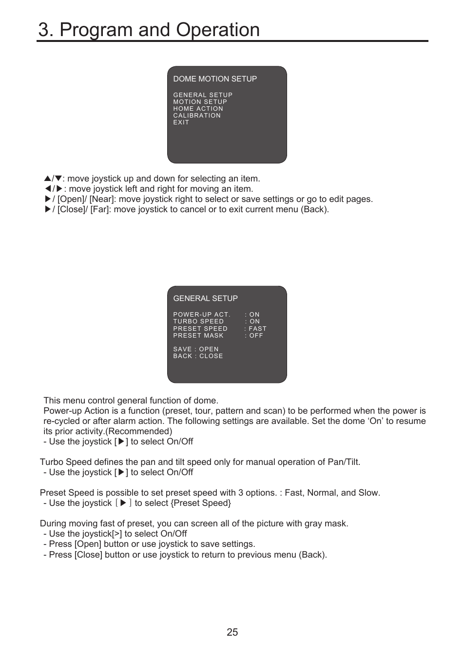 Program and operation, 6 dome motion menu, 1 general setup | KT&C KPT-SPDN300NUCH User Manual | Page 25 / 36
